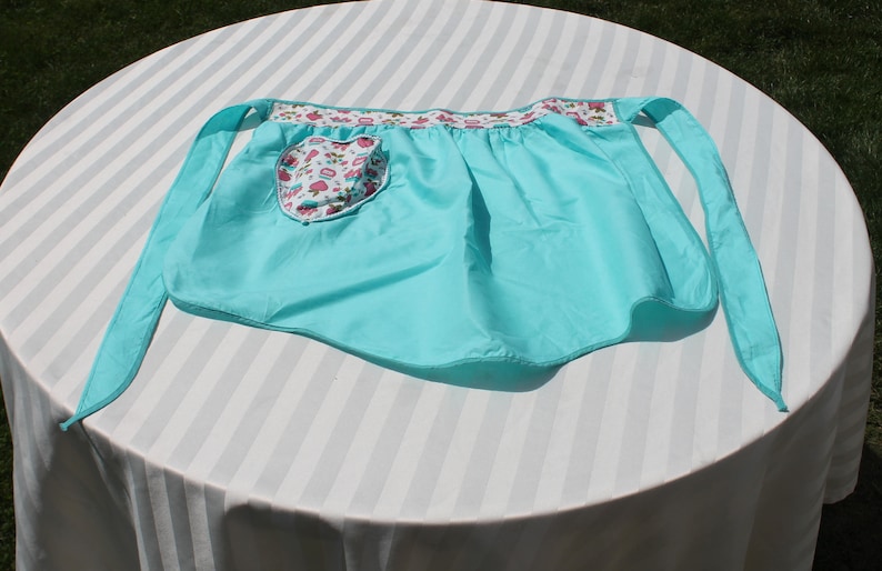 Vintage Turquoise Half Apron with Pink Strawberries and Jam Waistband and Heart Pocket