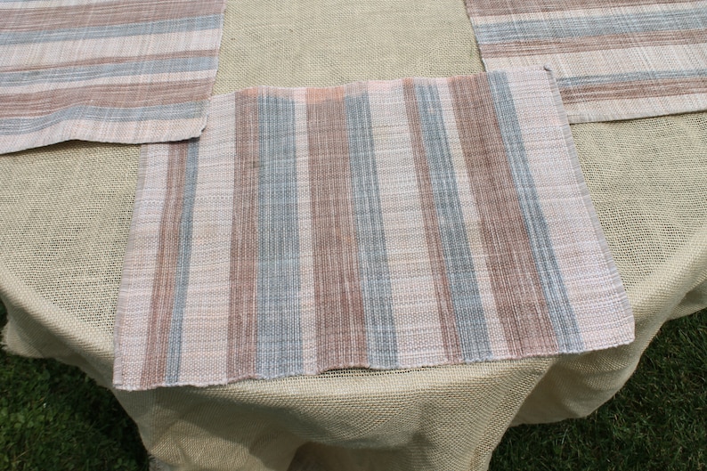 Set of Four Woven Rectangle Placemats in Tan Brown Stripe and Blue Stripes