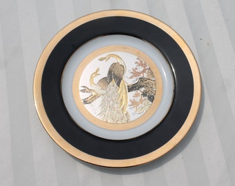 Chokin Collector Plate by Keitho - Plate with Pair of Peacock and Flowers - Collectible Chokin Plate