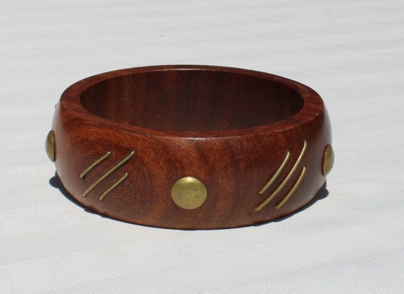 Wooden Bangle Bracelet with Brass Dots and Lines … - image 2