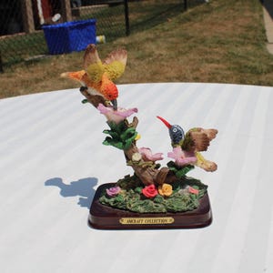Resin Pair of Colorful Hummingbird Figurines with Flowers - Hummingbird Statue