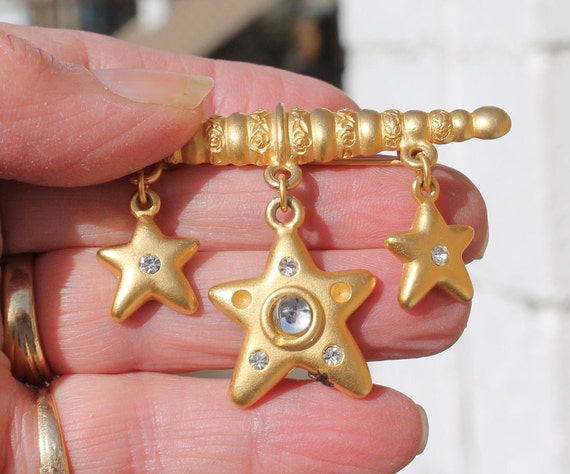 Gold Tone Bar Pin / Brooch with Drop Stars and Rh… - image 2