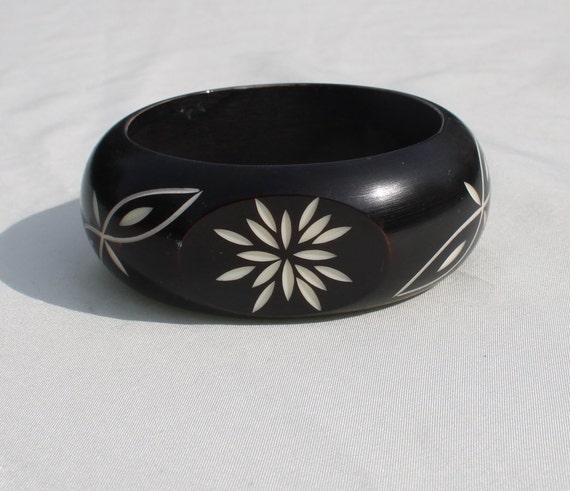 Black and White Etched Bangle Bracelet - Etched B… - image 1