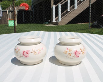 Pair of Ceramic Candleholders Hand Painted with a Pink Flower by Lasting Products Inc., Ceramic Rose Taper Candleholders - Made in USA