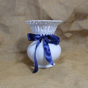 Mikasa White Bridal Lace Vase with Blue Ribbon - Cut Out Vase