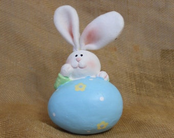 Bunny Rabbit Sitting on Top of a Blue Easter Egg - Easter Holiday - Spring Decor -