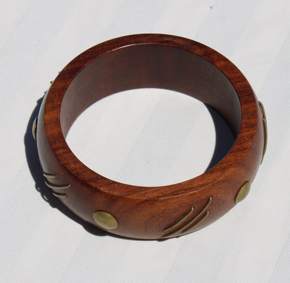 Wooden Bangle Bracelet with Brass Dots and Lines … - image 8