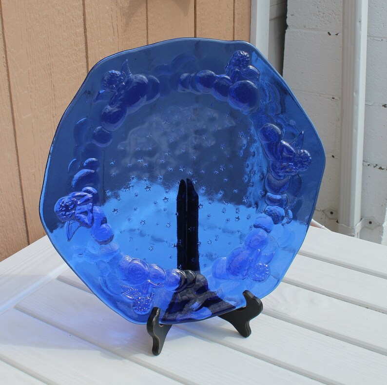 Cobalt Blue Glass Serving Platter / Tray With Embossed Angels Etsy