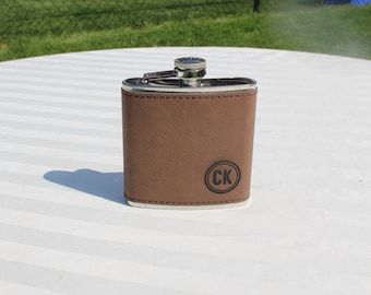 Small Leather Clad Stainless Steel Flask  - Stainless Stell Wrapped in Brown Leather 8 Ounce Flask Bottle