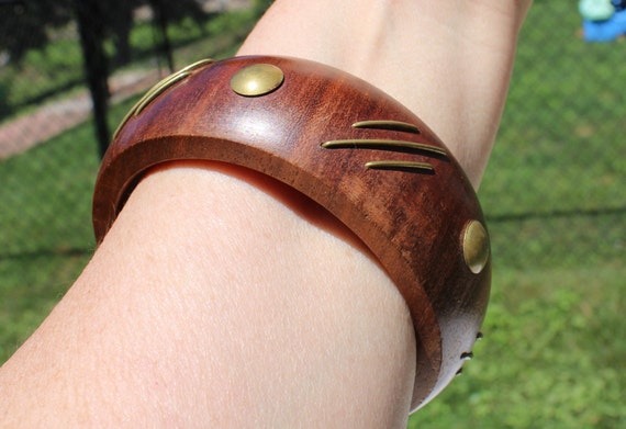 Wooden Bangle Bracelet with Brass Dots and Lines … - image 4