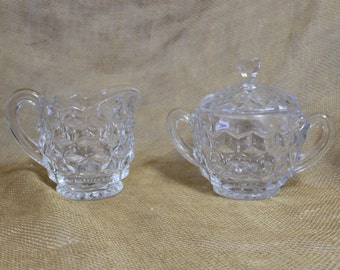 Creamer and Sugar Bowl with Lid in the American Clear Pattern by Fostoria - Clear Glass Cube Pattern Lidded Sugar and Creamer