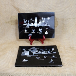 Pair of Black Lacquer and Mother of Pearl Inlay Wall Hangings - 2 Small Oriental Wall Decor