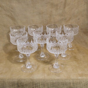 Set of 9 Cristal D&#39;Arques Durand 24% Lead Crystal Tall Sherbet or  Coupe ChampagneGlasses in the Longchamp Pattern - 6 Oz Stemmed Glasses