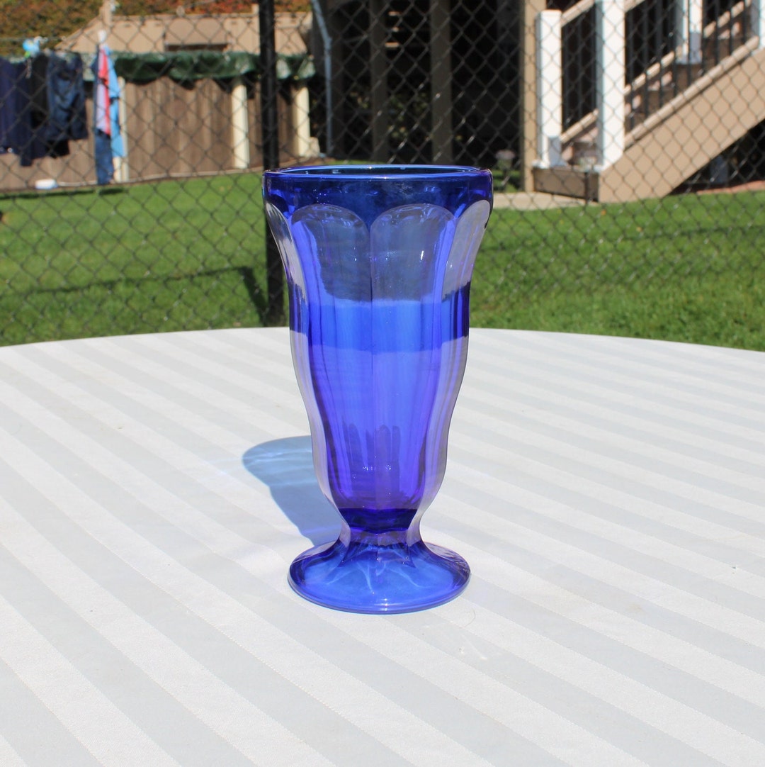 Footed and Ribbed Anchor Hocking Ice Cream Sundae Glass in Cobalt Blue