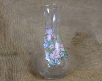 Glass Vase with Pink and Blue Flowers from Libbey - Floral Vase