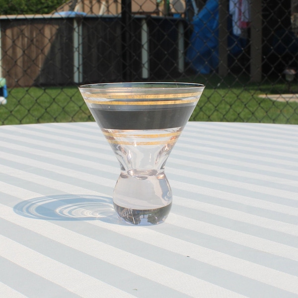 Mid Century Modern Ball Base Cordial Glass - Black and Gold Striped Bar Glass - Barware