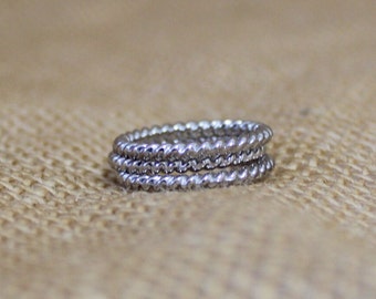 Three Thin Twisted Silver Tone Metal Stacking Rings - Trio of Skinny Metal Rope Rings