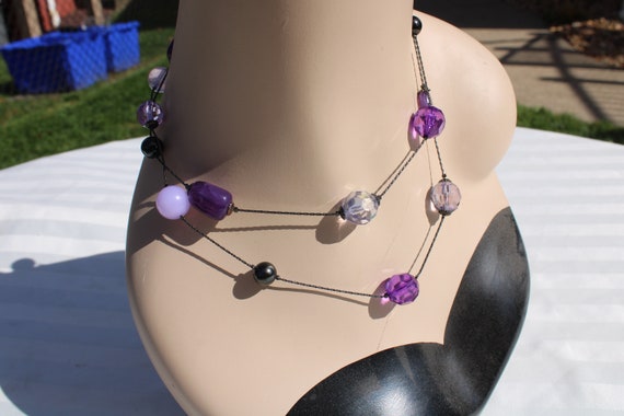 Long Varying Purple Beaded Necklace with Dark Gra… - image 2