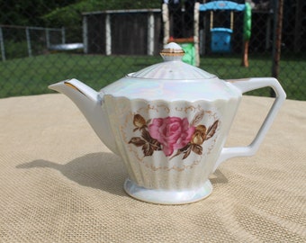 Teapot with Rose and Luster Finish and Gold Trim by Norleans - Lusterware China Tea Pot with Pink Flower