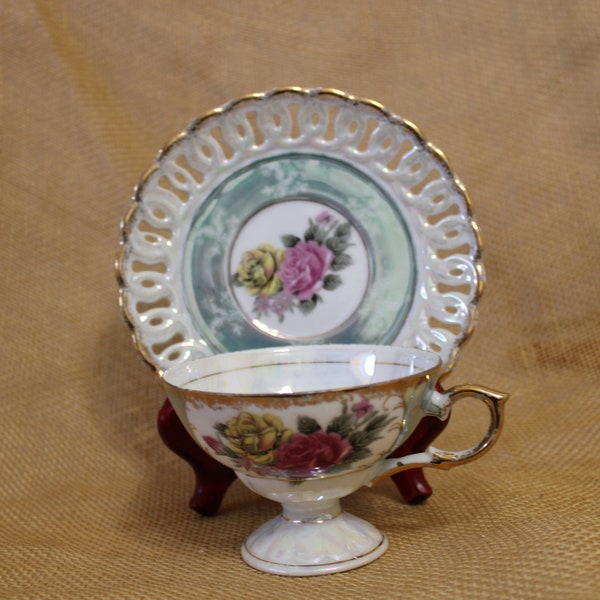 Green and White Footed Lusterware Tea Cup and Pierced Saucer with Pink and Yellow Roses / Flowers - Floral Lusterware Teacup & Saucer