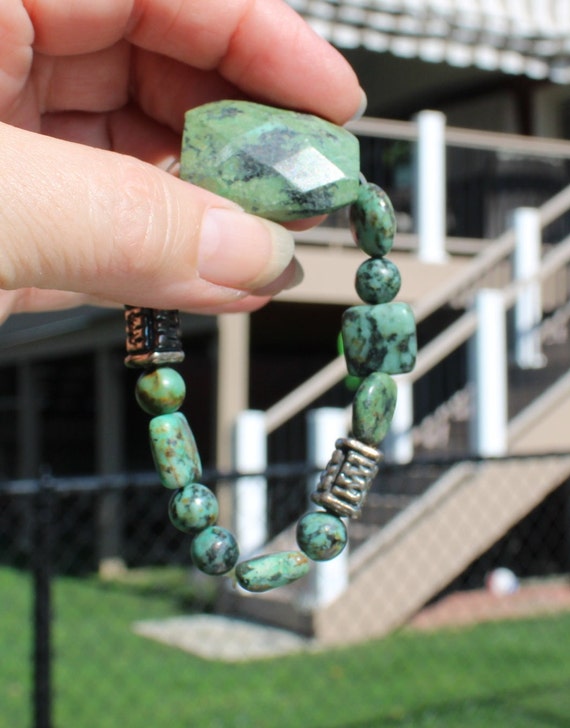 Green Stone Beaded Stretchy Bracelet - Green Marb… - image 5