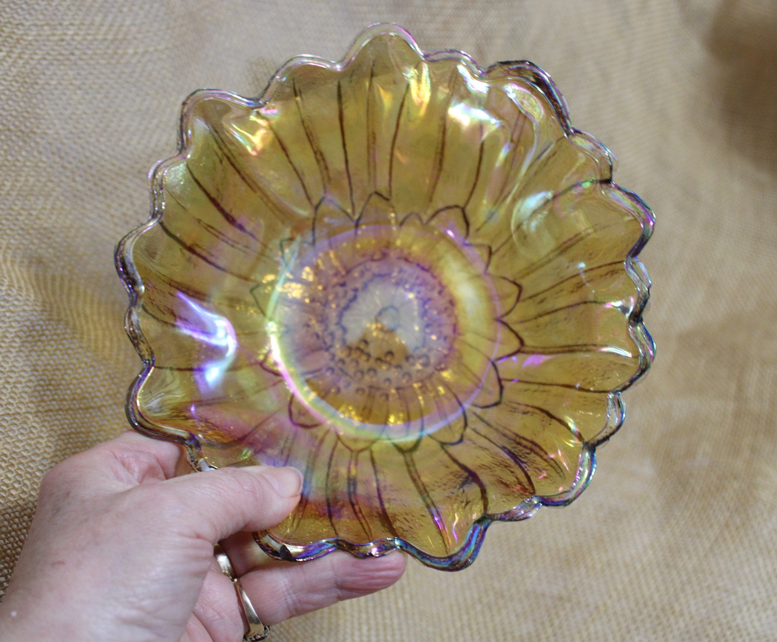 Gold Iridescent Carnival Glass Bowl in a Flower Pattern Etsy