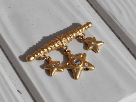 Gold Tone Bar Pin / Brooch with Drop Stars and Rh… - image 4