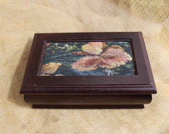 Small Wooden Jewelry Box with Tapestry Flip Open Top - Ring Box - Trinket Box