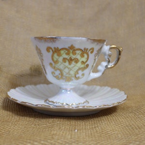 Footed Lusterware Tea Cup with Yellow and Golds Medallion Design and Ribbed Saucer - White Lusterware Teacup & Saucer -