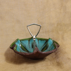 Sequoia Ware Californian Pottery 610 Candy Dish with Handle in a Blue Green Color - Drip Glaze and Faux Wood Pottery Candy Dish