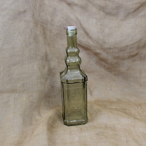 Embossed Clear Yellow Square Glass Olive Oil Infusing Bottle with Cork - Vinegar Bottle - Collectible Glass