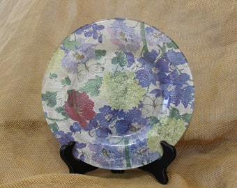 Clear Glass Dinner Sized Plate with Butterfly and Multi Colored Floral Backing