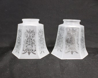 Pair of Frosted Glass Hexagonal Bell Shaped Light Shade, Diffuser, Ceiling Fan, Chandelier, Wall Sconce with Clear Art Nouveau Design