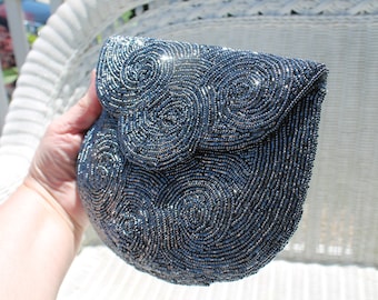 Charcoal Gray Beaded Evening Bag / Clutch Purse by Delill, Made in Macau