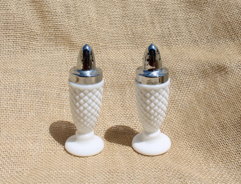 White Milk Glass Salt and Pepper Shakers in Diamond Pattern