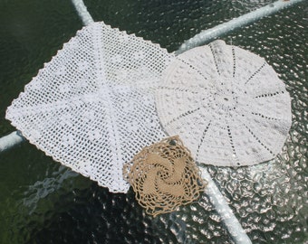 Hand Embroidered and Crocheted Set of Four Coasters, One  Round and One Rectangle Doilies