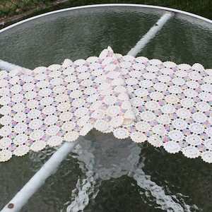 May include: Cream-colored, crocheted table runner with a floral pattern. The runner is rectangular with a scalloped edge. The pattern includes small, colorful floral accents. The runner is displayed on a glass-topped table.