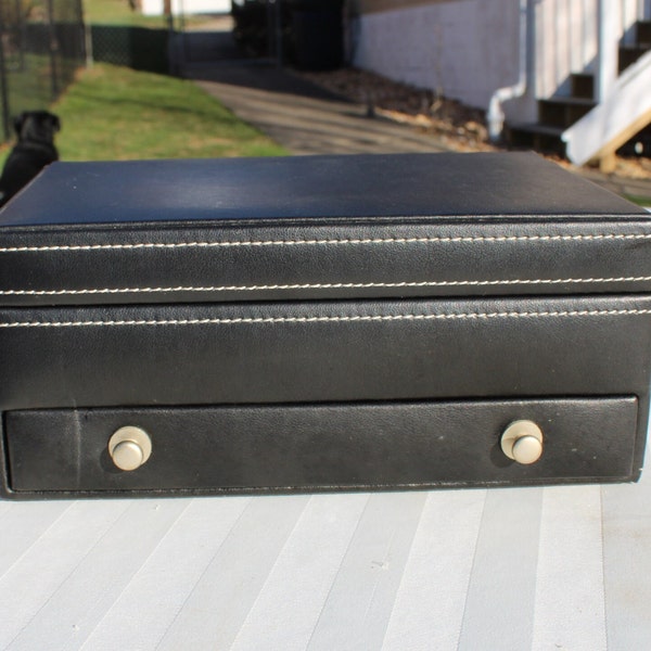 Black Faux Leather Valet / Watch Box with White Stitching and Drawer - Men's Leatherette Watch and Jewelry Box