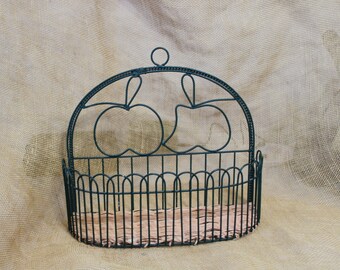 Green Wire with Wicker Apple Wall Mount or Table Top Basket  - Green Metal Shelf with Apples and Fences Sides