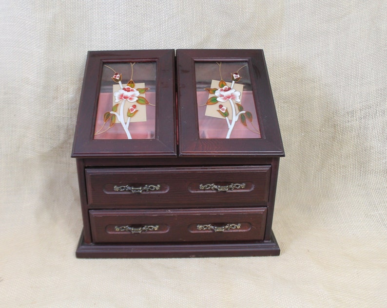Wooden Jewelry Box With Double Glass Doors Two Drawers And Etsy