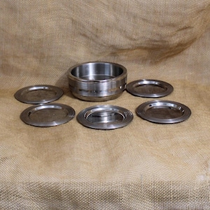 Set of Five Aluminum Ribbed Coasters and Caddy / Holder from Hotel Collection