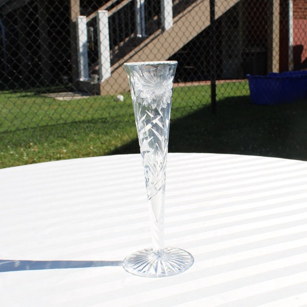Clear Glass Embossed Footed Bud Vase - Tall Footed Clear Glass Bud Vase Etched with Daisy Flower, Stems and Leaves