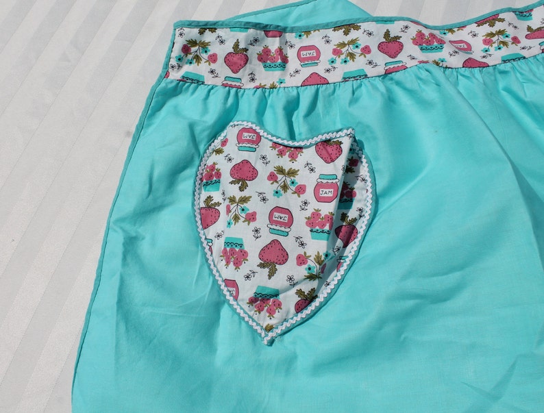 Vintage Turquoise Half Apron with Pink Strawberries and Jam Waistband and Heart Pocket