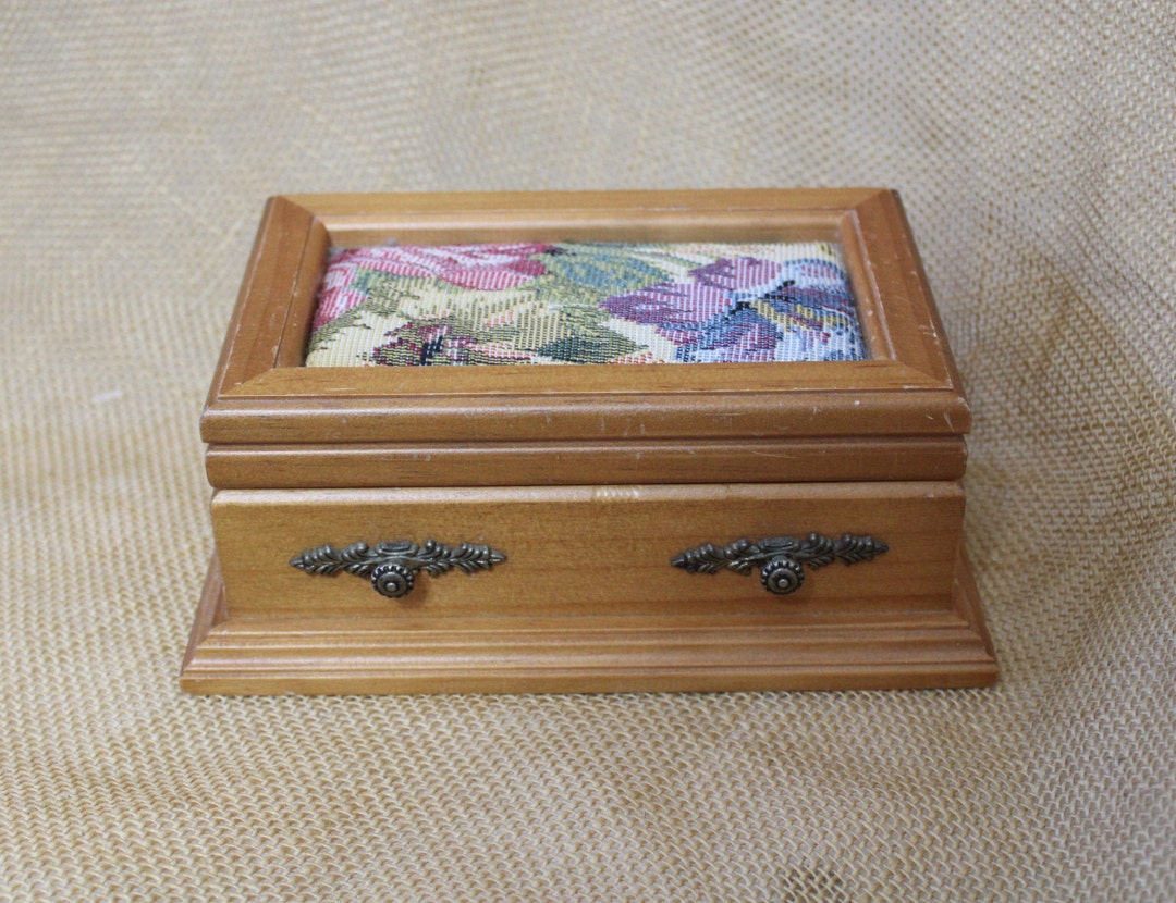 Small Wooden Jewelry Box With Tapestry Flip Open Top Ring Box Trinket