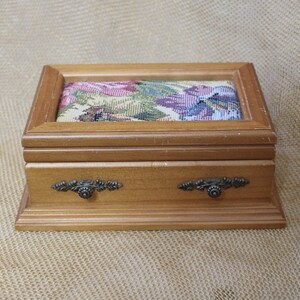 Small Wooden Jewelry Box with Tapestry Flip Open Top - Ring Box - Trinket Box