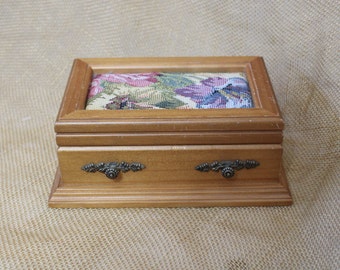 Small Wooden Jewelry Box with Tapestry Flip Open Top - Ring Box - Trinket Box