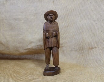 Carved Wood Figurine of Barefoot Man with Hat - Hand Carved Wood Statue, Primitive, Ethnic Folk Art Decor