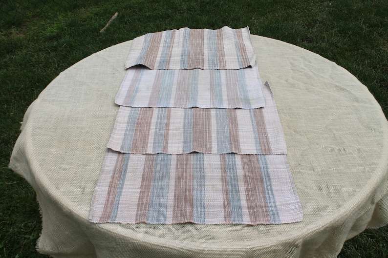 Set of Four Woven Rectangle Placemats in Tan Brown Stripe and Blue Stripes