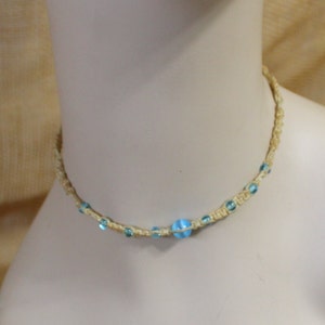 Beige and Blue Macrame and Beaded Choker Necklace - Pale  Blue Glass Beads Woven into Cord Choker Necklace