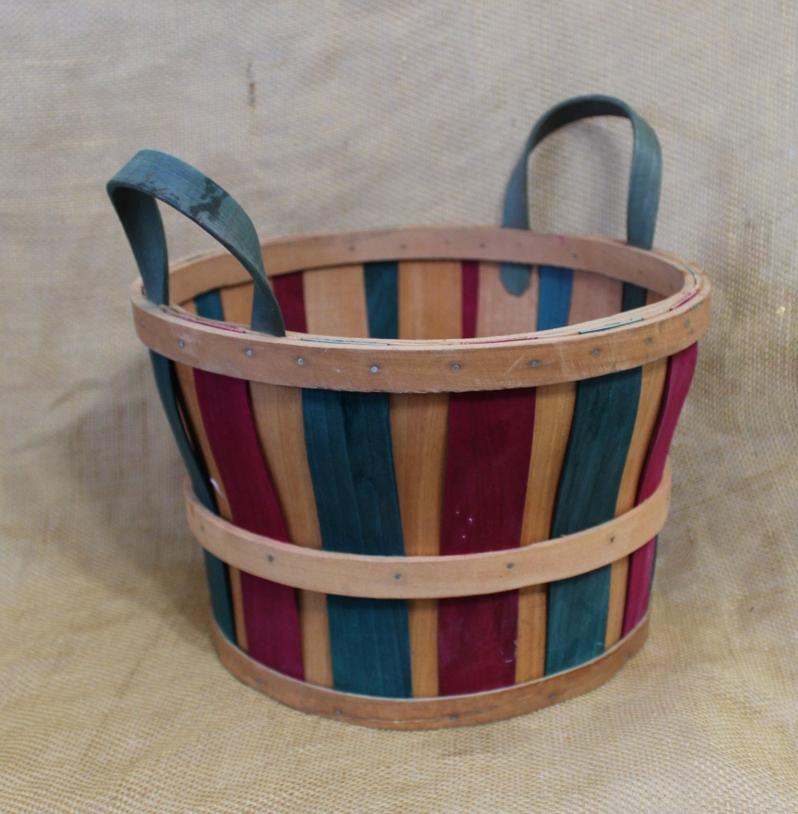 Quarter Bushel Basket With Handles Red and Green Wood Slat Etsy